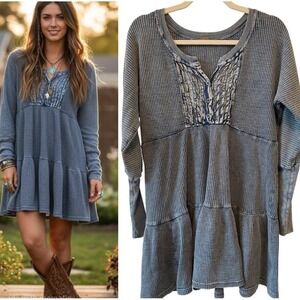 Free People Size M Jolene Blue Waffle Knit Mini Dress Tiered Long Sleeve Boho